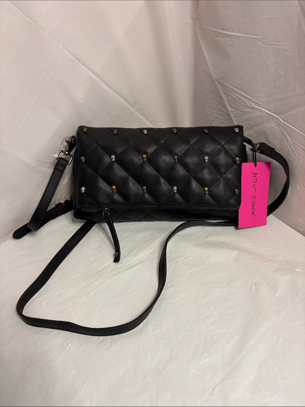 Betsey Johnson Black Quilted Crossbody with Gold & Silver Studs